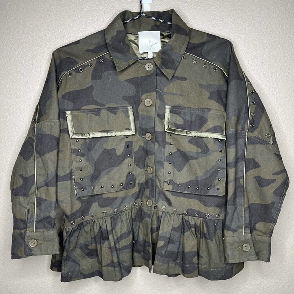 Joie Samia Camo Fatigue Ruffle Hem Peplum ¾ Sleeves Button Up Cargo Jacket Sz S - Picture 2 of 11